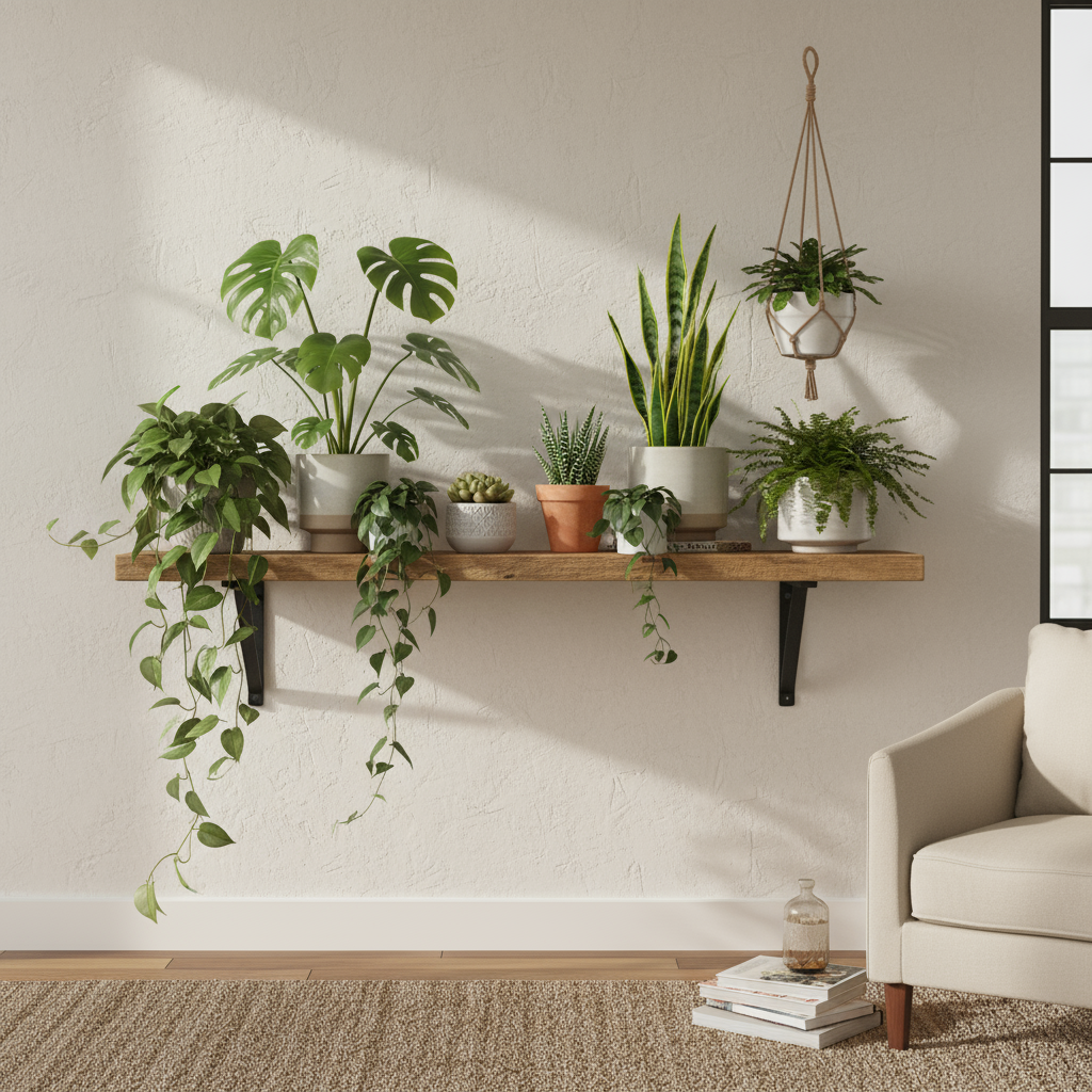 Indoor plants on wooden shelf